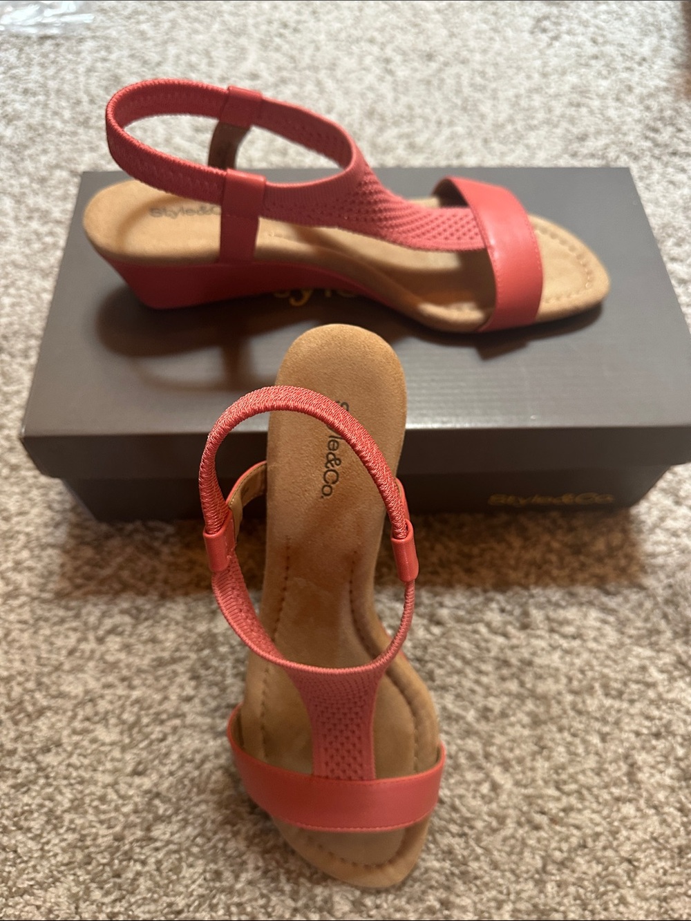 Style & Co. Coral/Tan Elastic Strap Wedge Sandals
